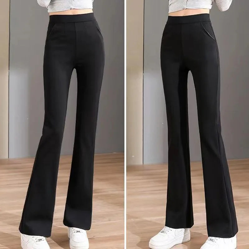 Black All-match Patchwork Pockets Classics Micro Flare Trousers Summer Thin Ventilate Elastic High Waist Women's Casual Pants