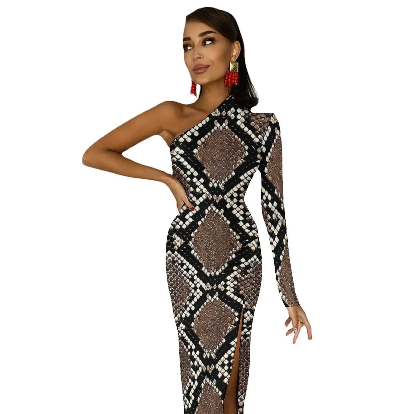 Vintage Snake Skin Brown Bodycon Dress Woman  Kawaii Maxi Dress Long Sleeve Party Custom Dresses Birthday Gift