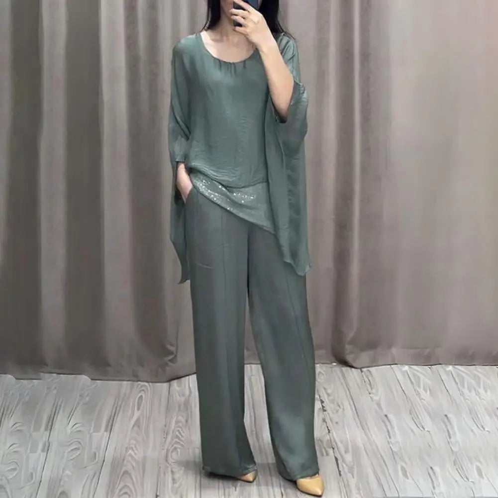 Double-layer Top Suit Stylish Women's Casual Suit with Wide Leg Pants Batwing Sleeve Top for Home Office Party Outfits Stylish - Seprincess