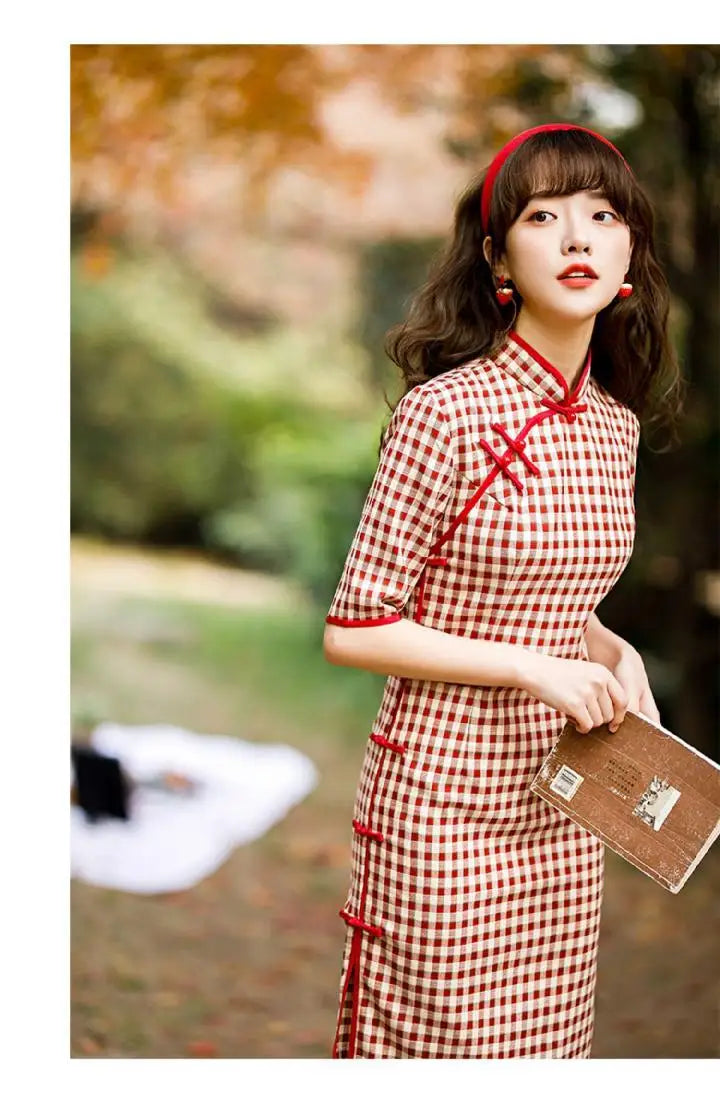 Plaid Cheongsam Young Girl 2024 Spring New Style Literary Elegant Retro Chinese Style Qipao Dress - Seprincess