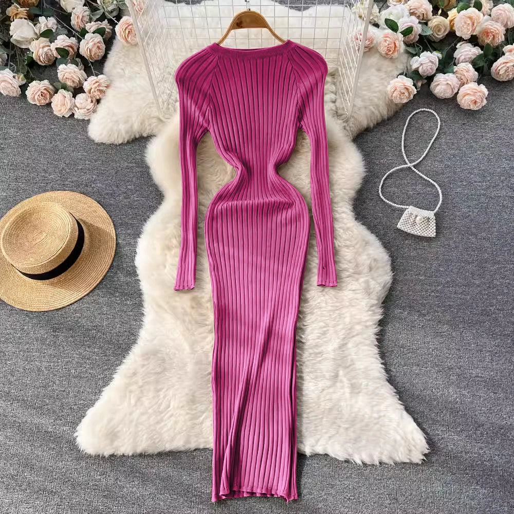 SINGREINY Winter Women Knit Maxi Dress O Neck Autumn Long Sleeve Slim Solid Harajuku Ladies Fashion Pencil Sweater Long Dresses - Seprincess