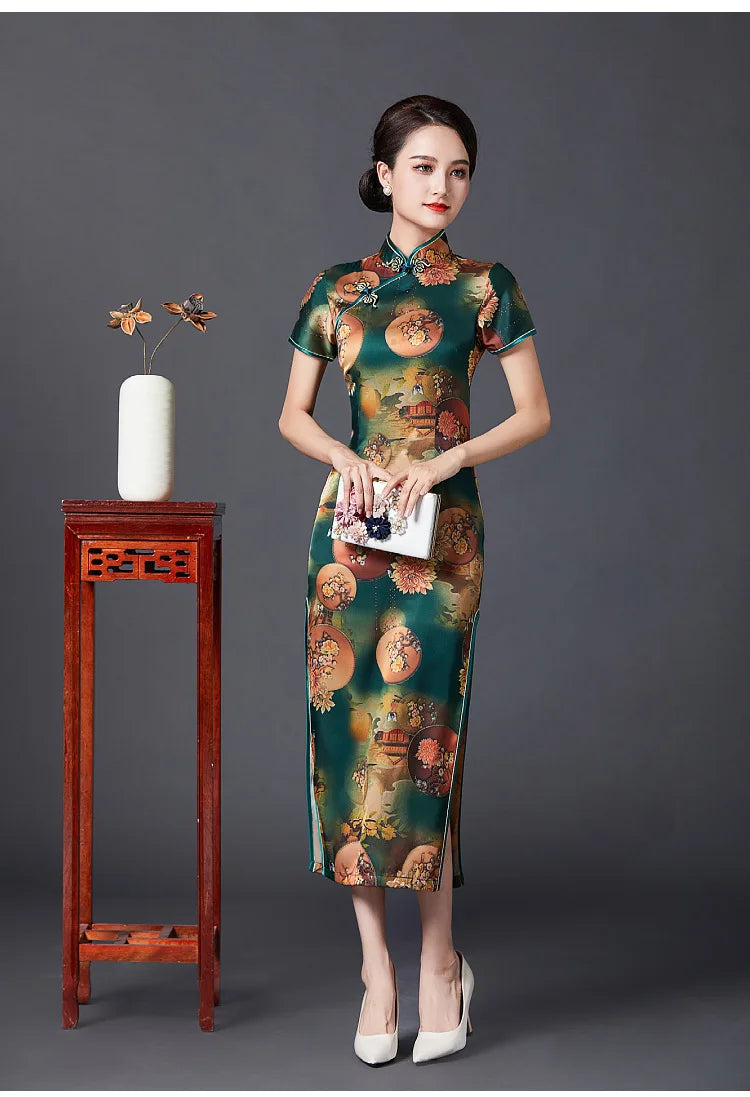 2023 New Vintage Long Cheongsam Women Sexy Slim Split Qipao Classic Chinese Traditional Dress Print Flower Evening Party Dress - Seprincess