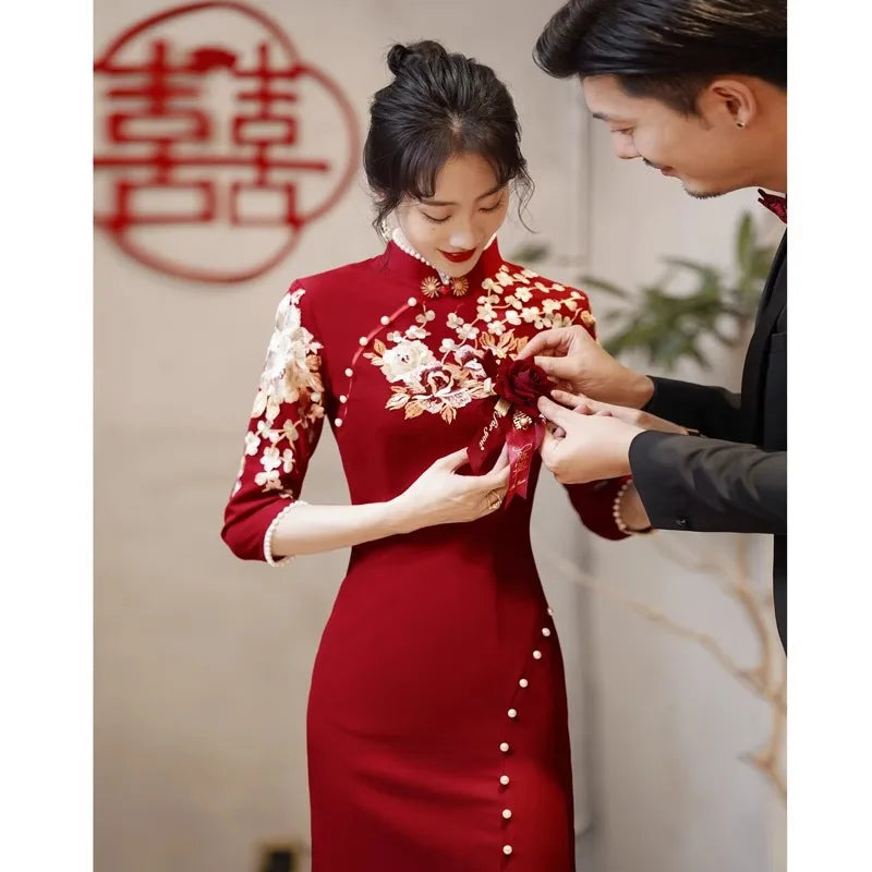 Burgundy Wedding Cheongsam Engagement Dress New Chinese Qipao Toast Clothes Retro Mandarin Collar Improved Sexy Slit Slim Dress - Seprincess