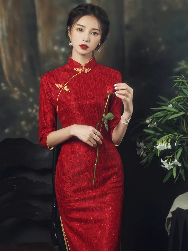 Chinese Style Long Dress Red  Slim Cheongsam Qipao Dress Wedding Party Hanfu Summer Lace - Seprincess