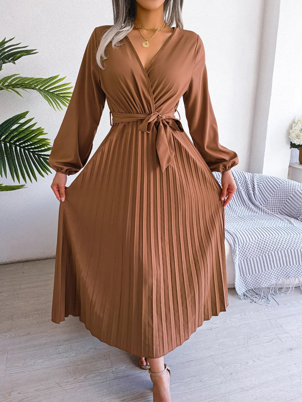 Women Elegant V Neck Long Sleeve Pleated Maxi Dress - Seprincess