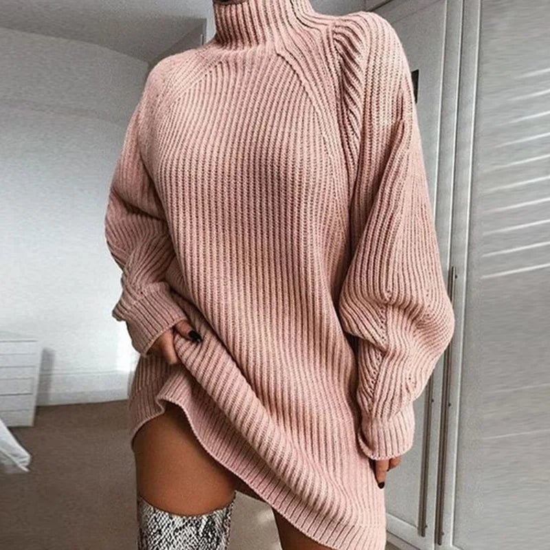 Women's Solid Color Loose Knitted Dress 2023 Autumn Winter New Dress Sweater Women Long Sleeve Turtleneck Pullover Dress Sweater - Seprincess