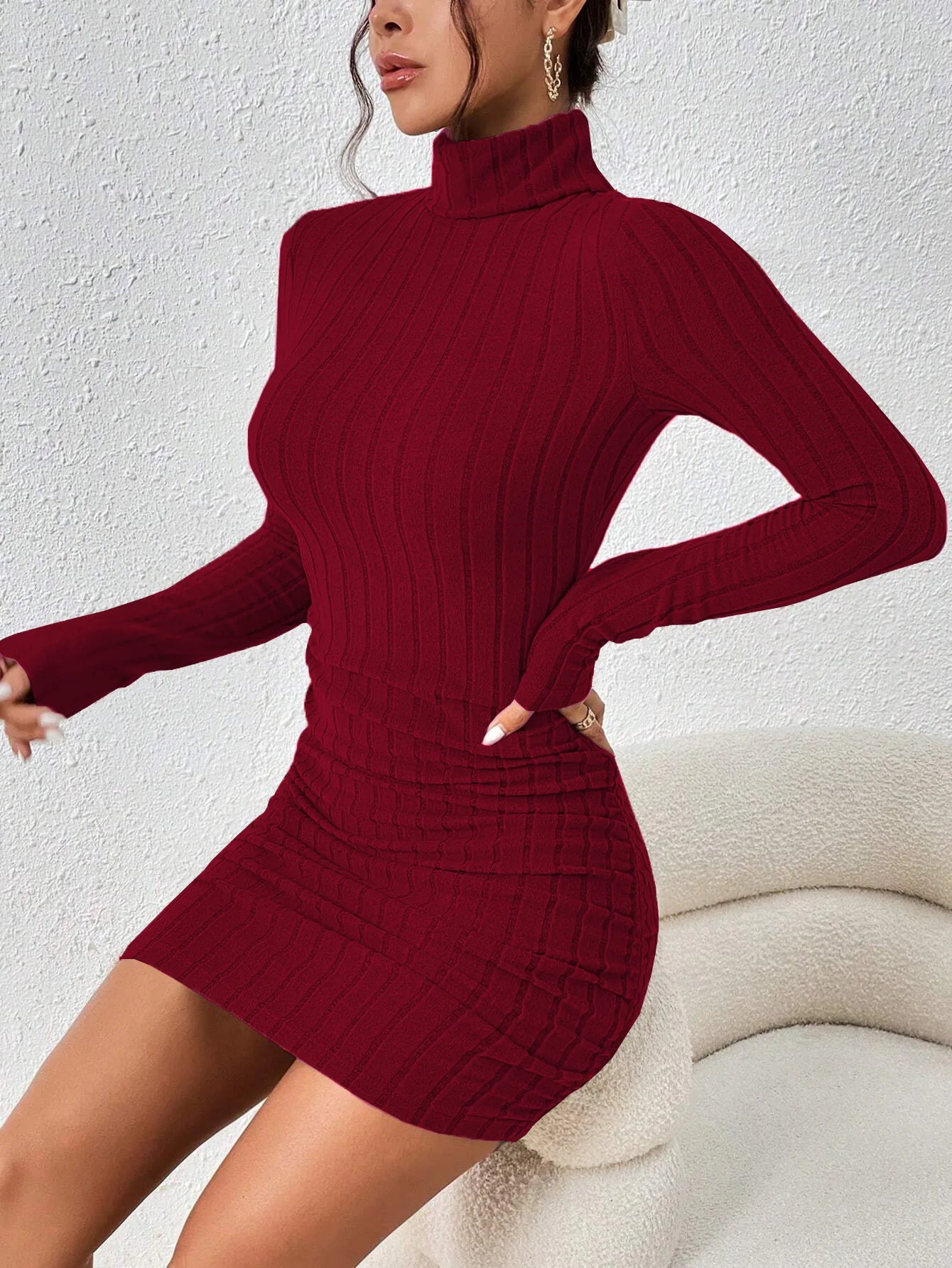 Women's Elegant Sexy Dress Autumn and Winter 2024 Burgundy Simple Style Turtleneck Short Slim New Fashion - Seprincess