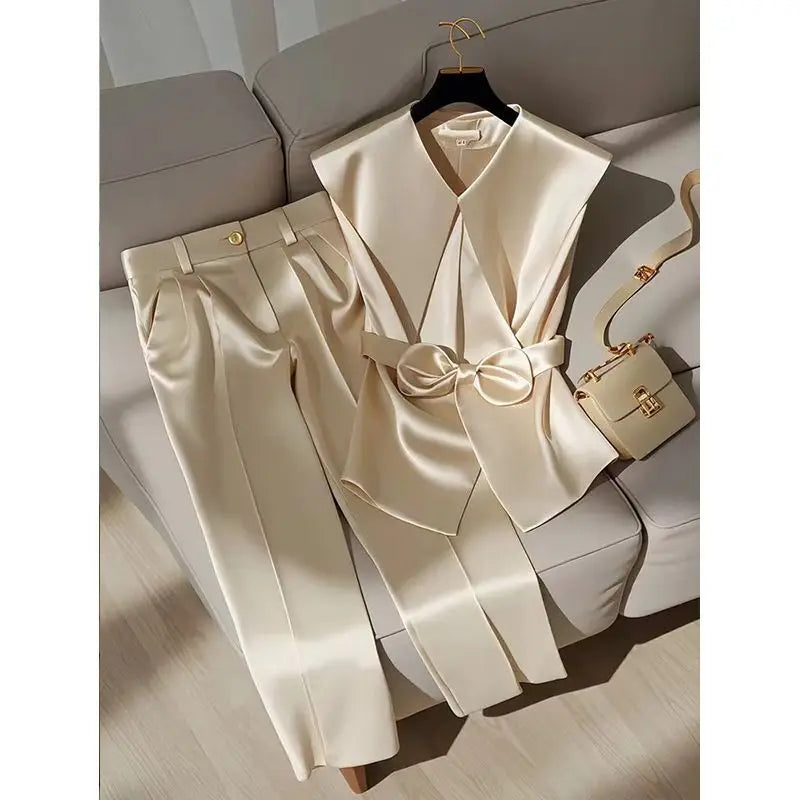 Fashion Satin Celebrity Outfits Elegant OL Peter Pan Collar Bow Sleeveless Vest + High Waist Wide Leg Pants Two Piece Set 376P - Seprincess