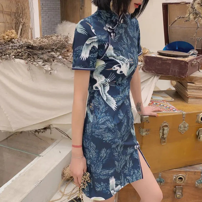 New Daily Improvement Cheongsam Dress 2024 Summer Short Sleeved Chinese Style Retro Young Style A-line Crane Print Dress Qipao - Seprincess