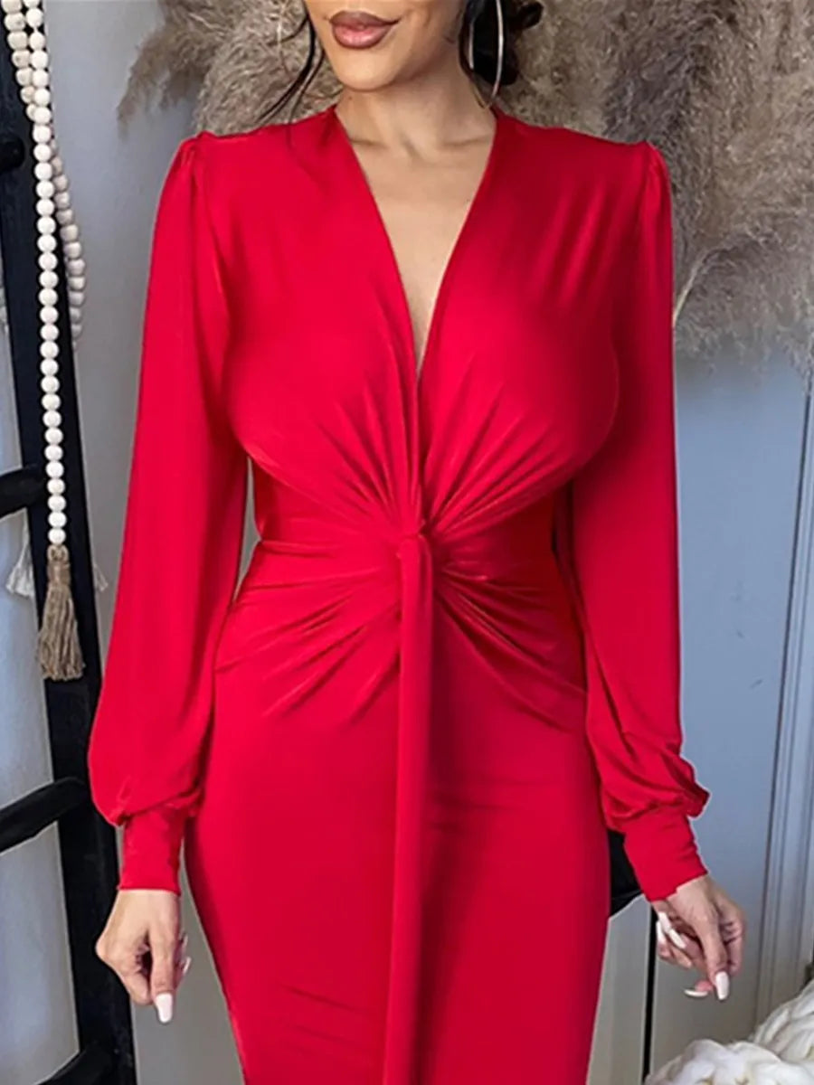 Elegant Deep V Neck Full Sleeve Long Dress For Women Robe Fashion Autumn New Irregular Ruched Bodycon Midi Dress - Seprincess