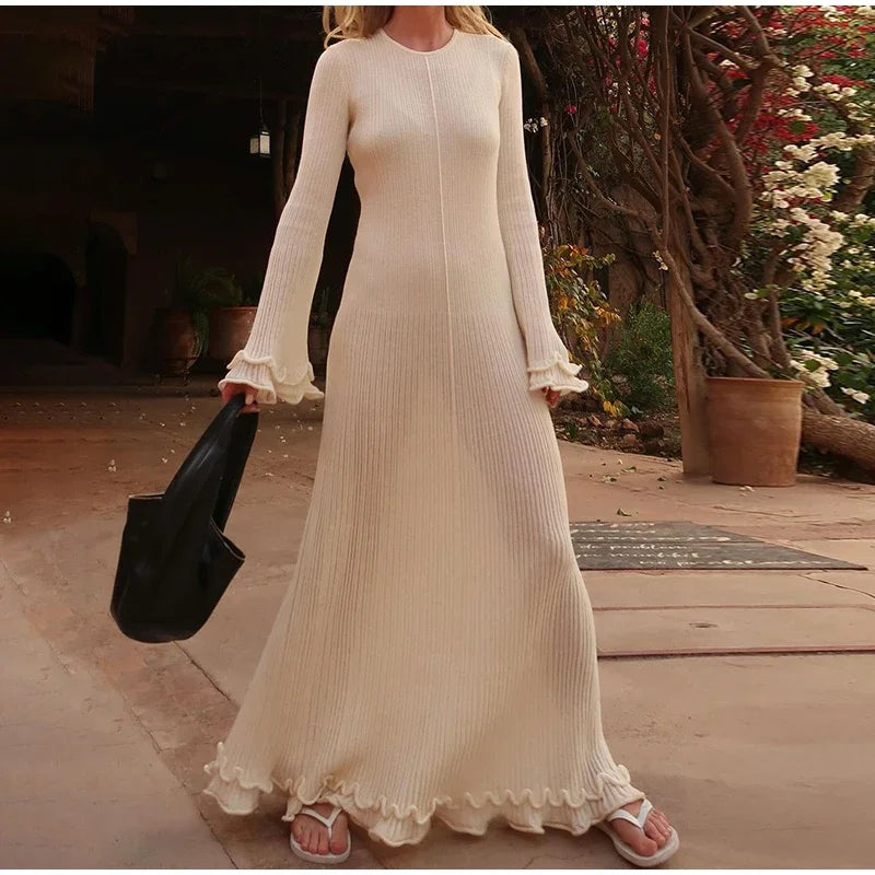 Women Elegant Ruffle Hem Knit White Long Dress O-neck Flare Long Sleeve Backless Bandage Dresses 2024 New Evening Party Robes - Seprincess