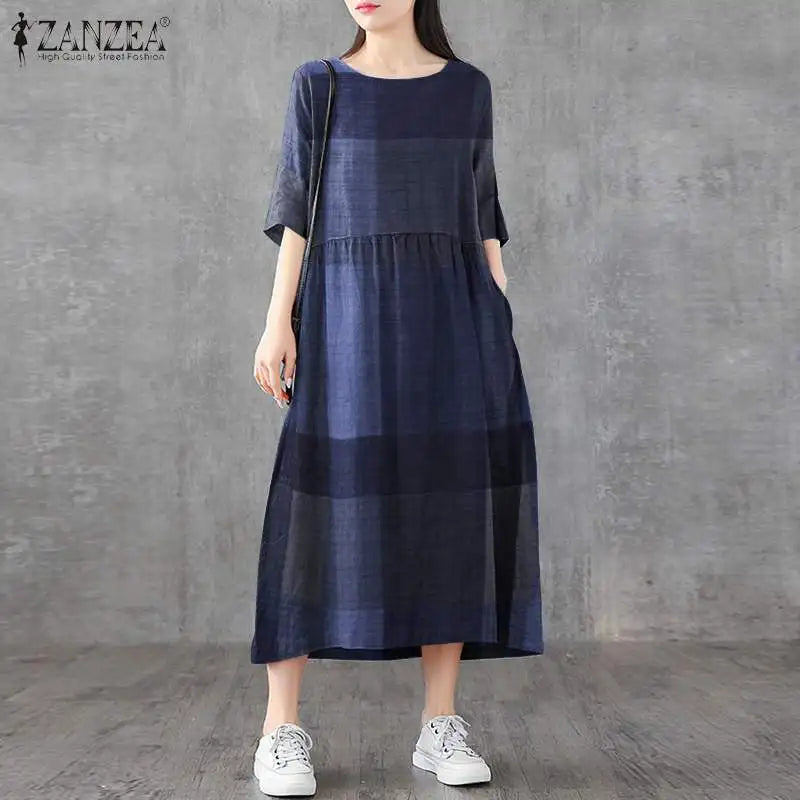 ZANZEA Women Cotton Linen Dresses Vintage Plaid Half Sleeve Midi Vestidos Casual O-neck Long Sundress 2023 Holiday Pocket Robes - Seprincess