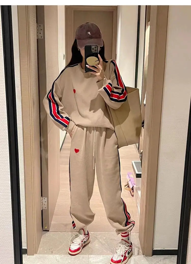 Autumn Cute Love Embroidery Pant Sets Two Pieces Tracksuits Khaki Side Striped Sweatshirt Women Girls Loose Sporty Korean Style - Seprincess