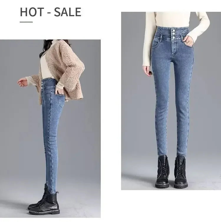 Fashionable High-Waisted Button-Up Jeans With Elastic Waistband And Pencil Legging Design Versatile Solid Color For Autumn/Winte