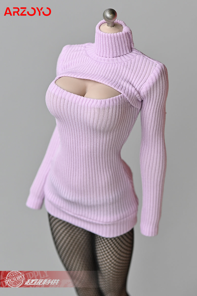 1/6 Female Soldier Sweater Slim Elastic High Neck Knit Pullover Sexy Open Chest Tops Mini Sweater Dress for 12" Action Figure - Seprincess