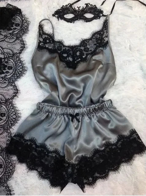 New Women's Pajamas Silk Sexy Pajama Set Black Lace V-Neck Pajama Suspender Top and Shorts Lace Pajama Set Home Underwear Dress - Seprincess