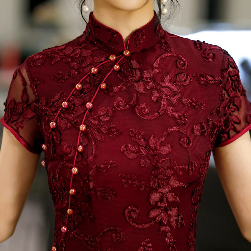 Burgundy Lace Female Qipao Traditional Chinese Dress Vintgae Classic Mandarin Collar Cheongsam Sexy Slim Split Vestidos 3XL 4XL - Seprincess