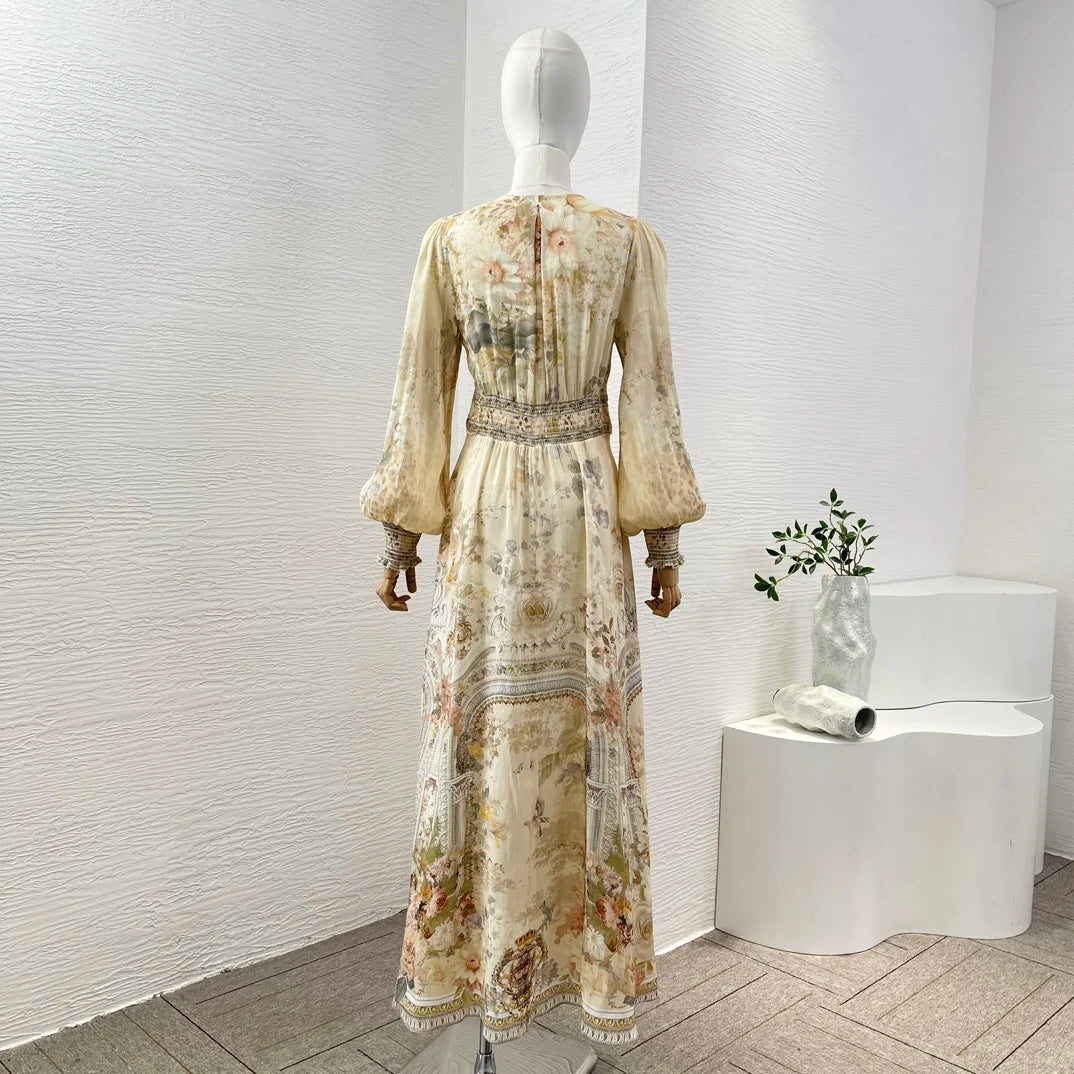 Women's Yellow Printed Balloon Sleeve Lace Paneled Deep V Neck Diamond High Waist Midi Dress - Seprincess