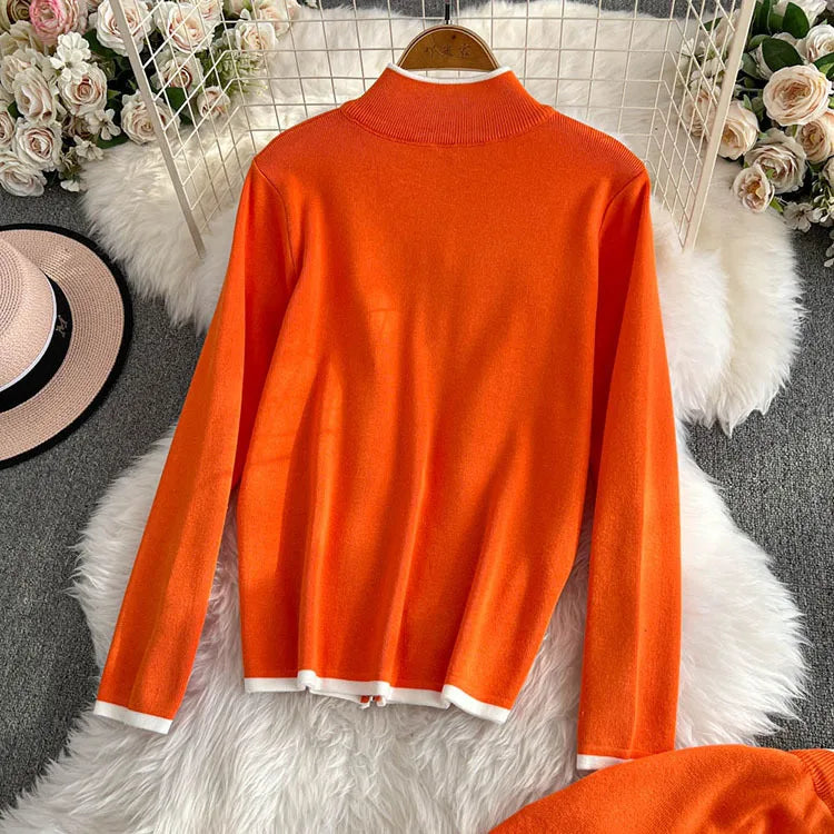 Women's Long Sleeved Knitted Sweater High Waist Slim Straight Leg Pants Two-piece Set Y2k Korean Autumn - Seprincess