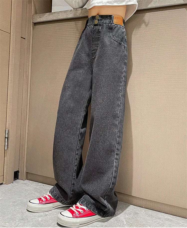 Spring Autumn Teenager Girls Denim Pants Children Trousers New Fashion Solid Color Girls Wide Leg Jeans 4-14 Years Kids Clothes