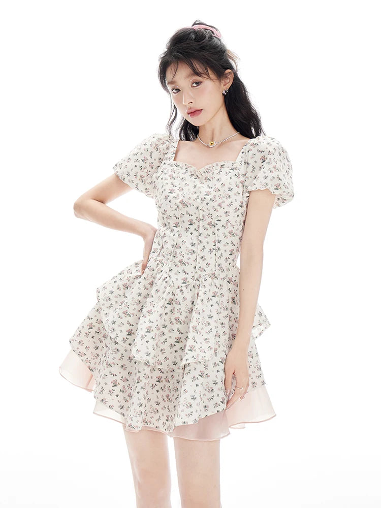 Korean Sweet Dress Women France Vintage Elegant Party Mini Dresses Female Print Casual Fairy Dress Summer - Seprincess