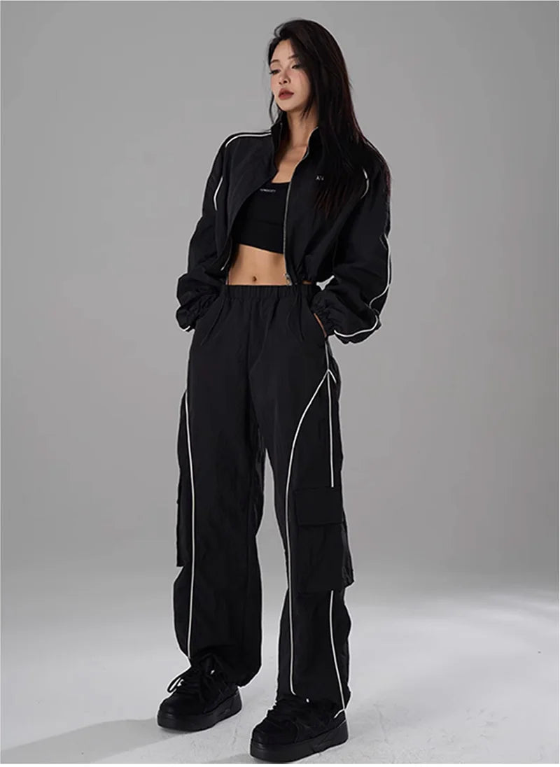 Hip Hop Sports Suit Two-piece Set Women Black Short Track Jacket +Sweatpants Joggers Dance Tracksuit Female Cropped Jacket Sets - Seprincess