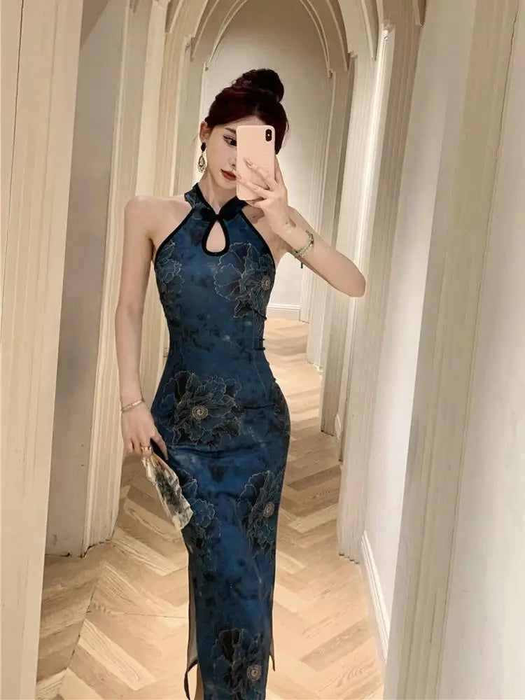 150kg Large Size Women's Qipao Halterneck Sleeveless Chinese Cheongsam Mandarin Collar Side Split Long Party Dress Slim Outfit - Seprincess