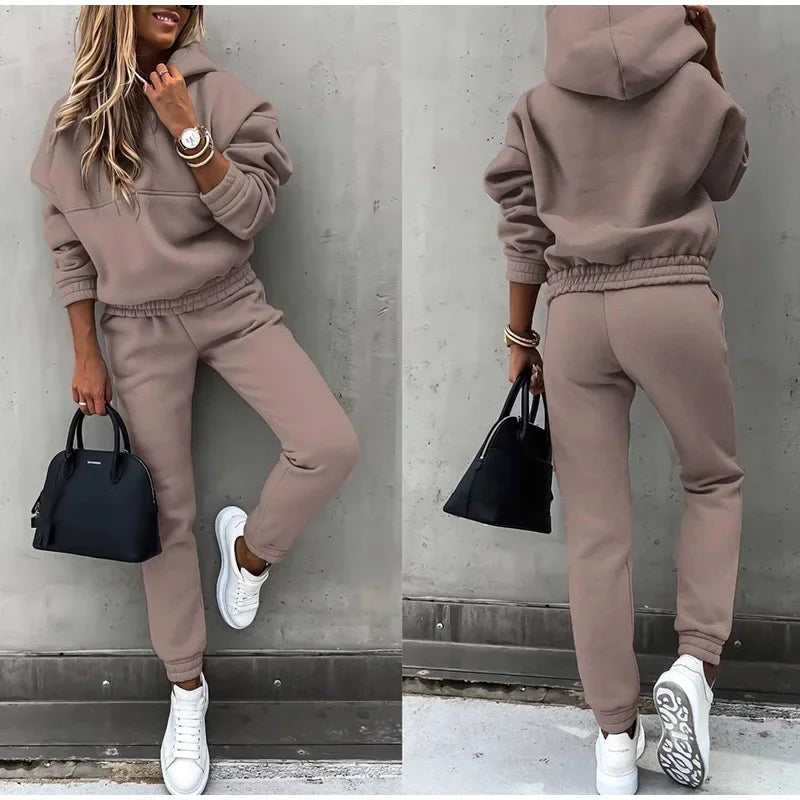 Hoodies Suit Autumn Winter Solid Casual Tracksuit Women Fleece 2 Pieces Set Sports Sweatshirts Pullover Home Sweatpants Outfits - Seprincess