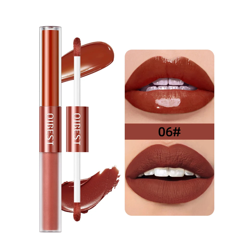 QIBEST 2023 New Double Head Matte Velvet Liquid Lipstick Waterproof Double End Mirror Lip Glaze Moisture Lip Makeup 2 In 1 Stick - Seprincess