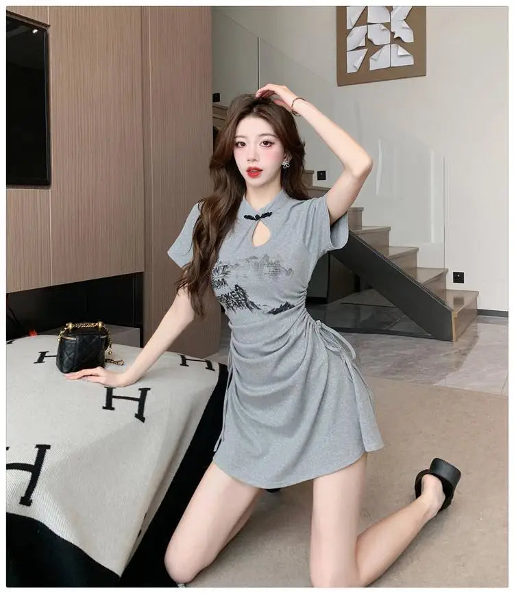 New 2024 Retro Daily Leisure Qipao Dress Chinese Style Printing Improved Cheongsam Fashionable Wrinkled Waist Design Thin Dress - Seprincess