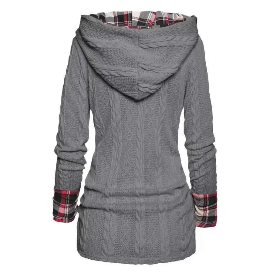 2024 Autumn Winter Chic Plaid Hooded Dress Women Knit Sweater Long Sleeve A Line Style With Trendy Splicing Perfect Casual Wear - Seprincess