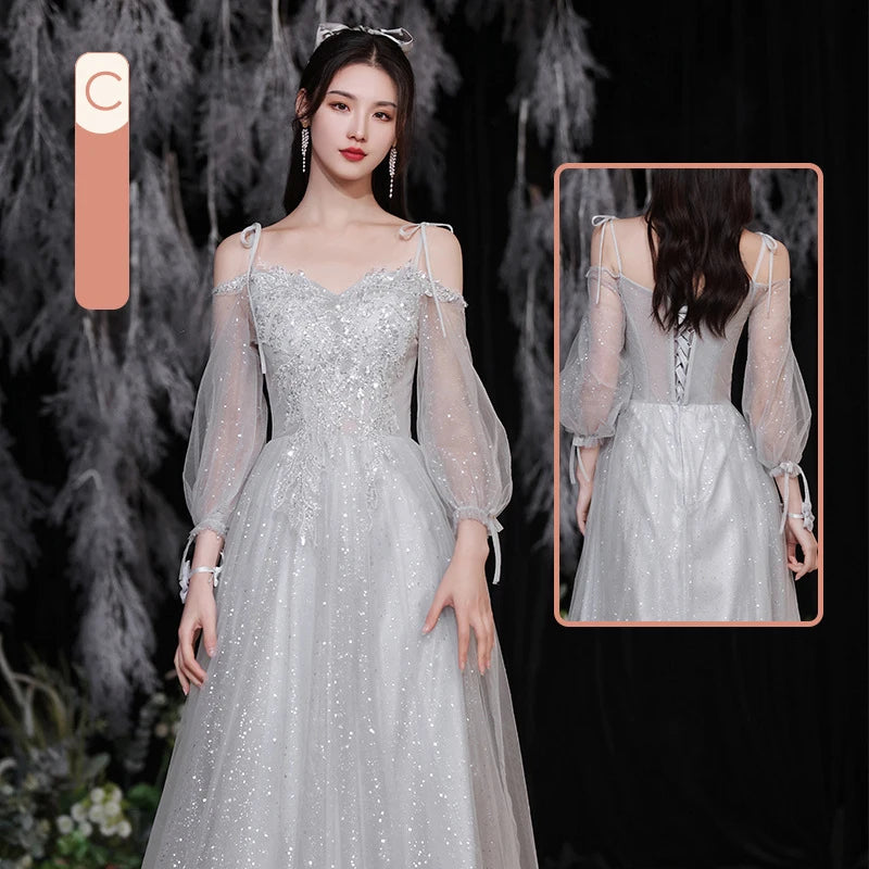 Temperament grey bridesmaid dress 4 Styles Applique Sisters Group Graduation Evening Dresses Simple Wedding Female Guest Dress - Seprincess