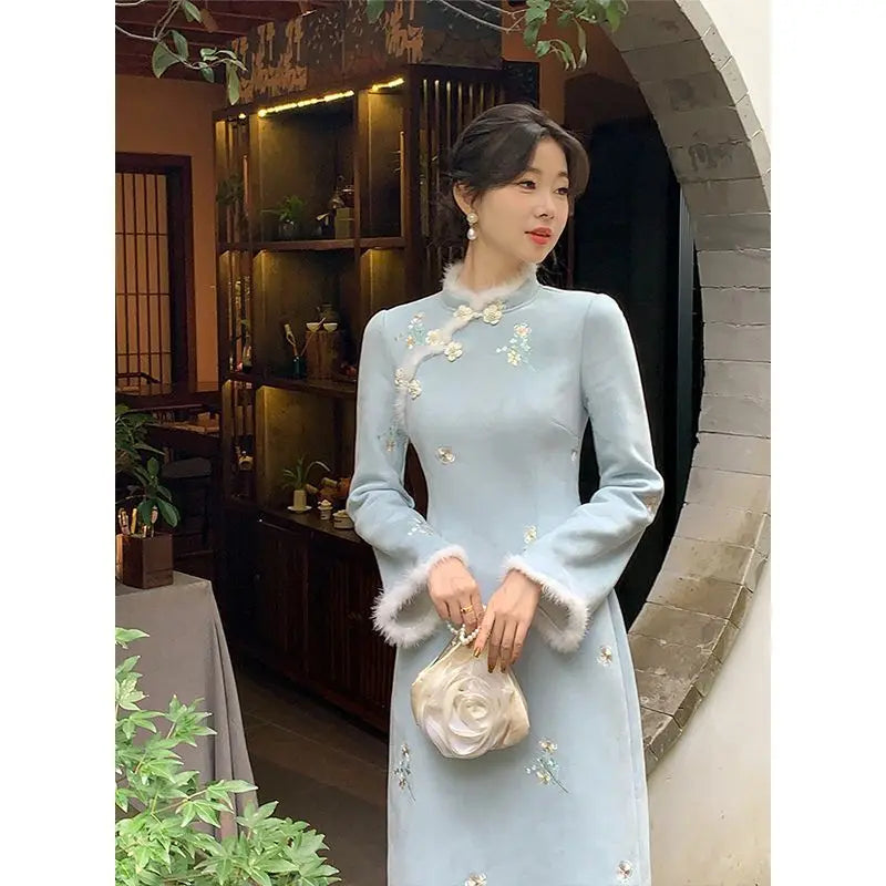 Chinese Traditional Qipao Dress Cheongsam Women's Clothing Autumn Winter Gentle Flower Temperament Elegant Embroidery Vintage - Seprincess