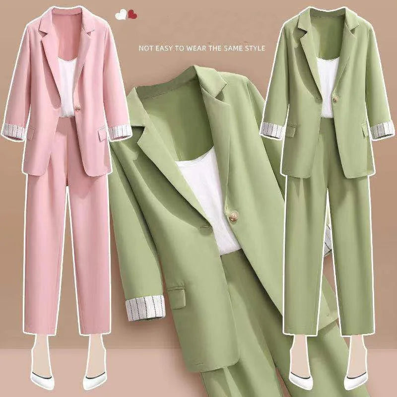 2023 spring new plus size Korean elegant women's suit female blazer leisure pants Tweed suit jacket three piece jacket pants set - Seprincess