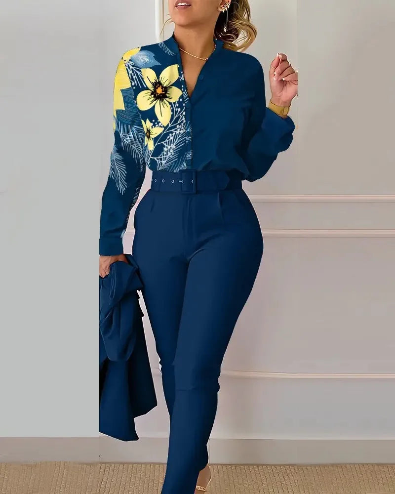 Elegant Women Printed Two Piece Suit Sets Spring Autumn V Neck Long Sleeve Shirt Top & Long Pants Set With Belt Workwear Outfits