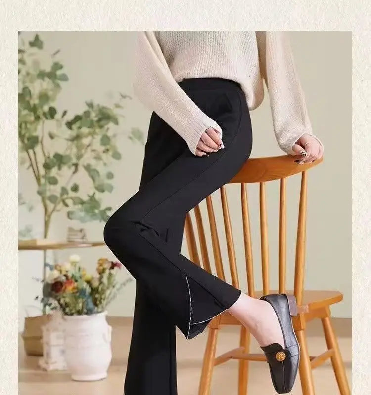 Women Korean Fashion Elegant Chic Flare Pants Autumn Winter Female Black High Waist Plush Thick Trousers Slim Pockets Pantalones