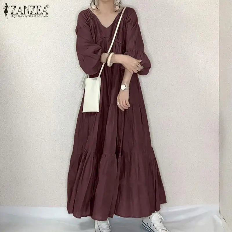 ZANZEA Vintage Ruffle Dress Women's Spring Sundress Casual Puff Sleeve Maxi Vestidos Female V Neck Robe Elegant Long Dresses - Seprincess