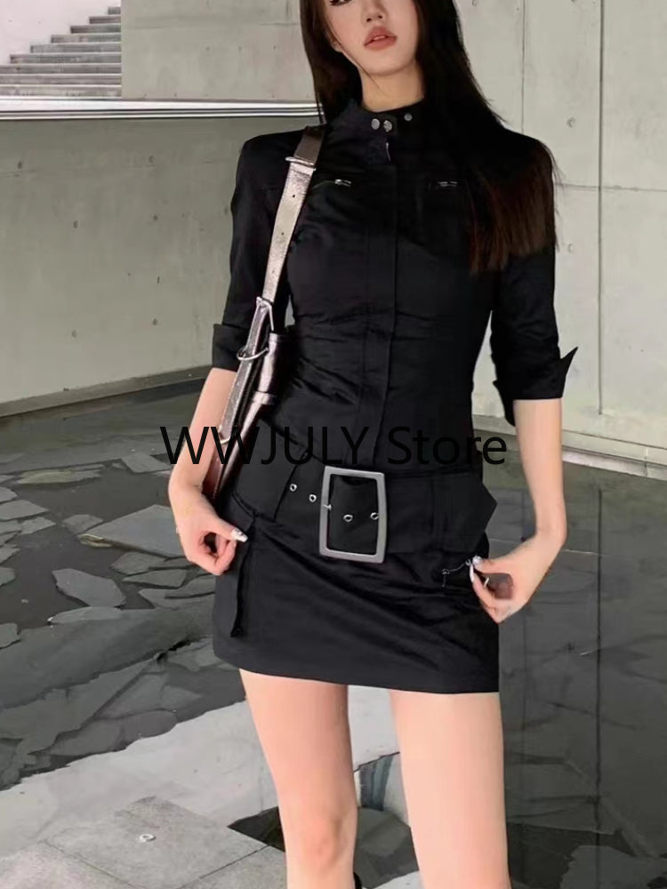 2024 New Vintage Cargo Clothing Black Slim Y2k Mini Dress Short Party Elegant Bodycon Dress One Piece Dress Korean Fashion - Seprincess