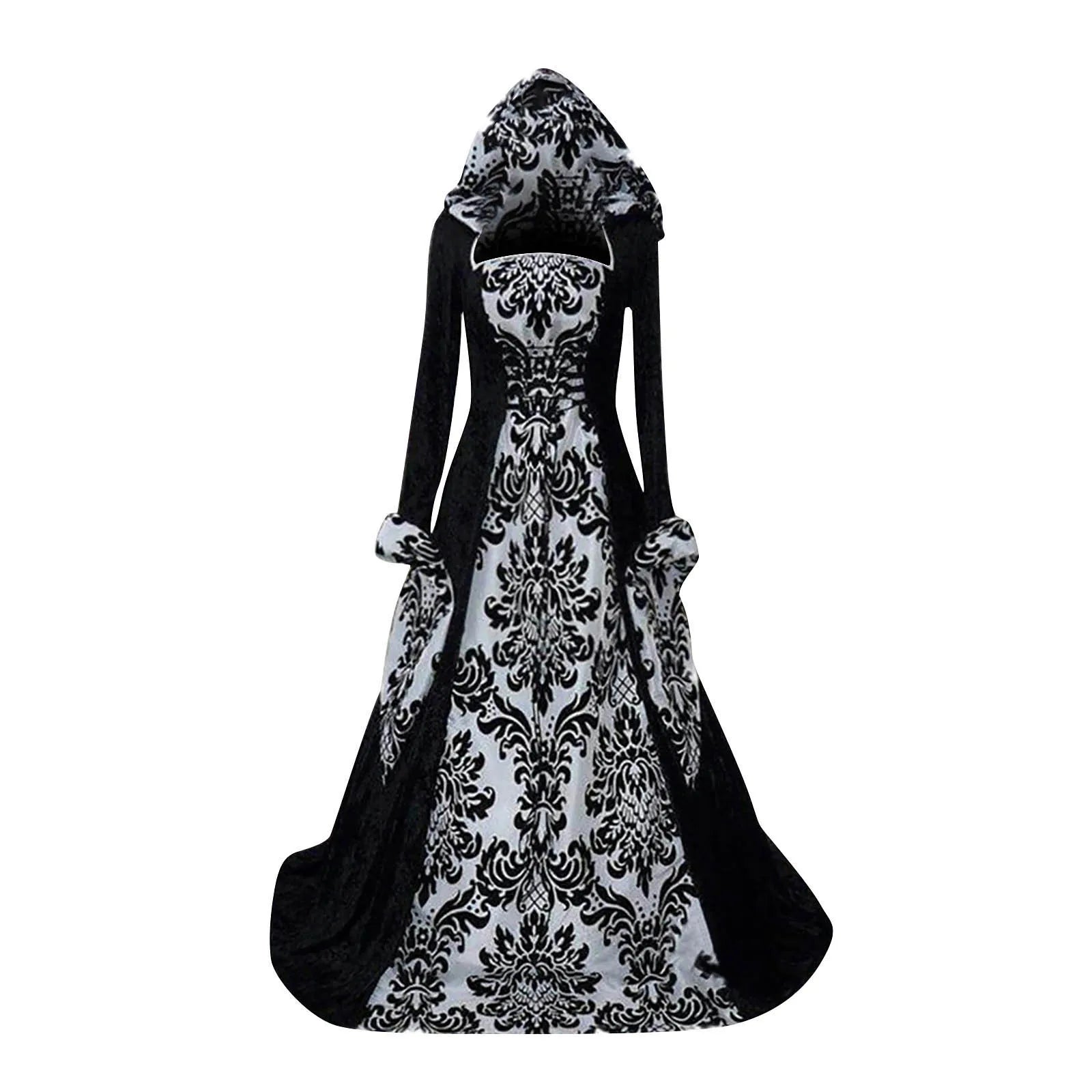 Vintage Retro Gothic Emboridered Hooled Long Sleeve Hooded A-line Dress Fashion Large Swing Cosplay Long Gown Dresses For Ladies - Seprincess