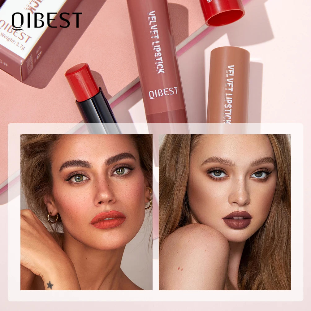 QIBEST Nude Lipstick Matte Lip Gloss High Pigment Makeup Classic Sexy Lipgloss Non-Stick Cup Long Lasting Red Lip Tint Cosmetics - Seprincess