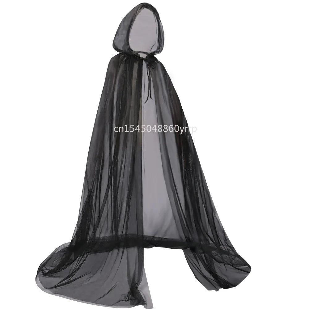 Women Medieval Fairy Shawl Cape Chiffon Gothic Wicca Robe Black White Cosplay Victorian Dress Cloak Halloween Costume for Women - Seprincess