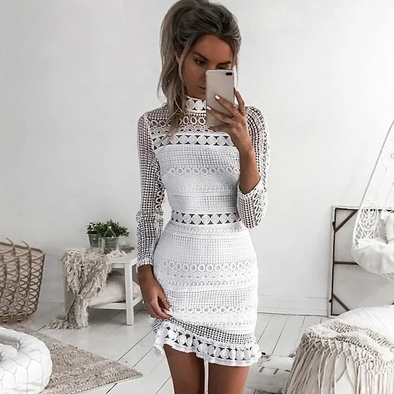 Summe Dress Sexy White Lace Short sleeve Stitching Hollow Out Party Dresses Elegant  Short Mini Spring Summer Long Sleeve - Seprincess