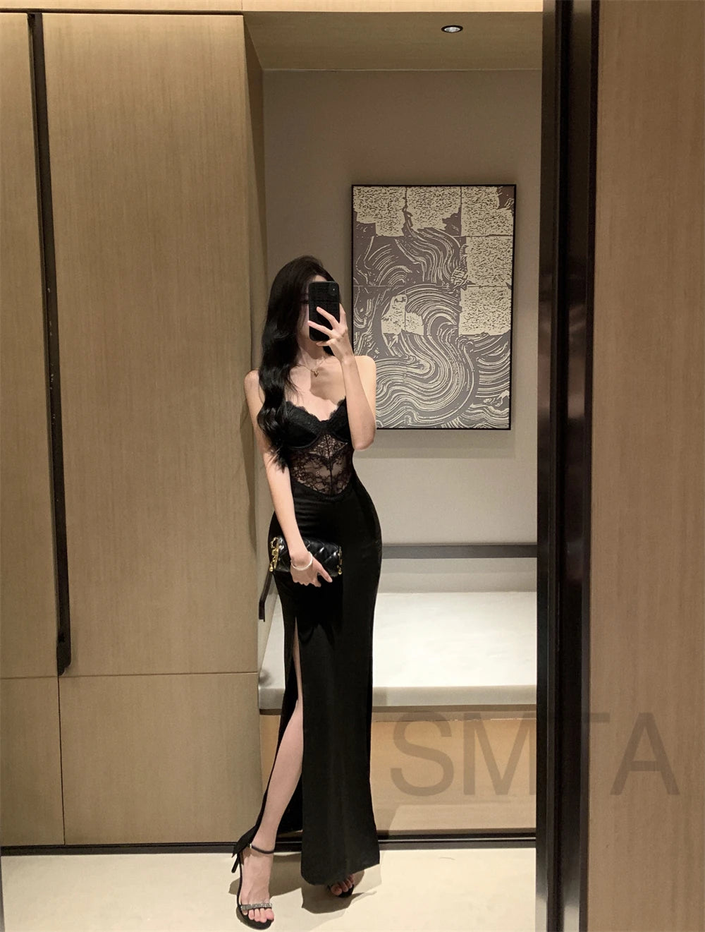 Vintage Sexy Black Lace Prom Maxi Dress Women Hollow Out Split Bodycon Camisole Dresses Evening Party Club Fashion Spring 2024 - Seprincess