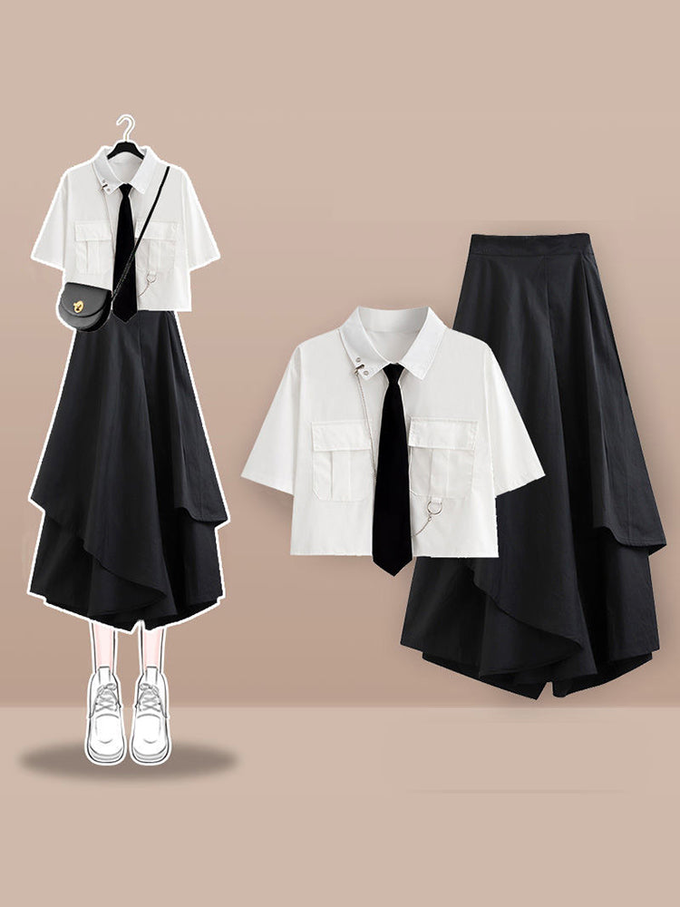 Xgoth Sweet Cool Suit Female Preppy Korean Loose High Street Short-sleeve Workwear Shirt + Half Body Skirt Women Black 2pcs Set - Seprincess