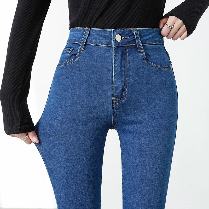 New Sexy Women Light Blue Slim Skinny Denim Jeans High Waist Elastic Mom Jeans Stretch Pencil Pants Streetwear Tight Trousers