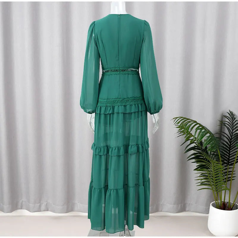 Women Elegant Layered Ruffles Patchwork Long Dress Chic V Neck Puff Full Sleeves Split Maxi Dresses Fashion Lady Party Robes - Seprincess