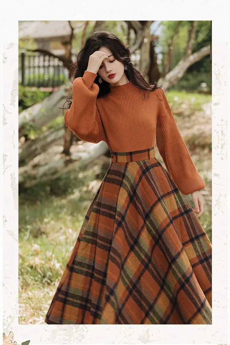 Women's Spring Autumn Vintage Plaid Long Skirts Sweater Two-Piece Set French Lady Graceful Knit Pullover High Waist Skirt Outfit - Seprincess