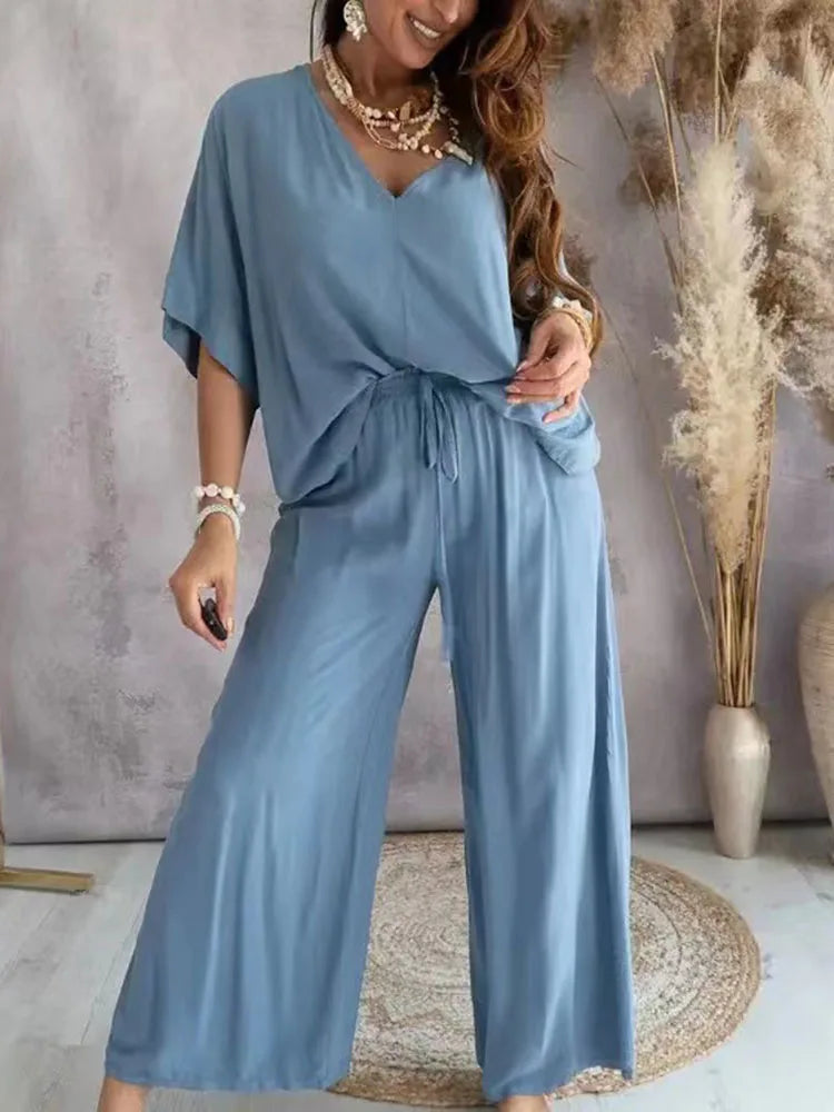 2024 Summer Long Pant Sets Two Piece Set For Women V Neck Bat Sleeve Loose Wide-leg Pants 2 Piece Set Solid Color Casual Outfits - Seprincess