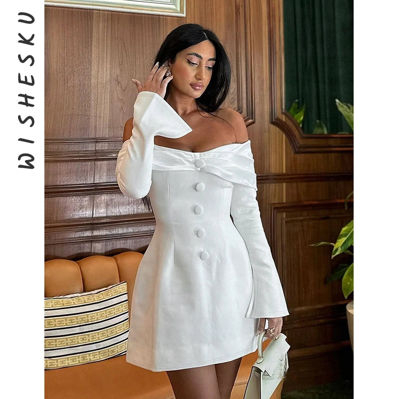 Elegant Off-Shoulder Patchwork Mini Dress Women's White Strapless Long Sleeve A-Line Dress Sexy Slim Short Evening Dress - Seprincess