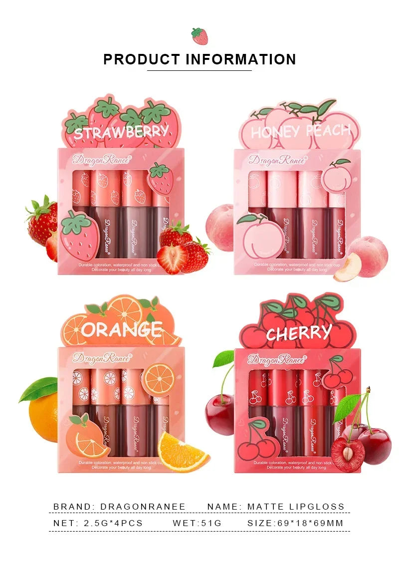 4pcs/set Matte Fruit Lip Glaze Long Lasting Liquid Lipsticks Mini Matte Lip Glaze Set Non-Fade Non-Stick Waterproof Lipsticks - Seprincess